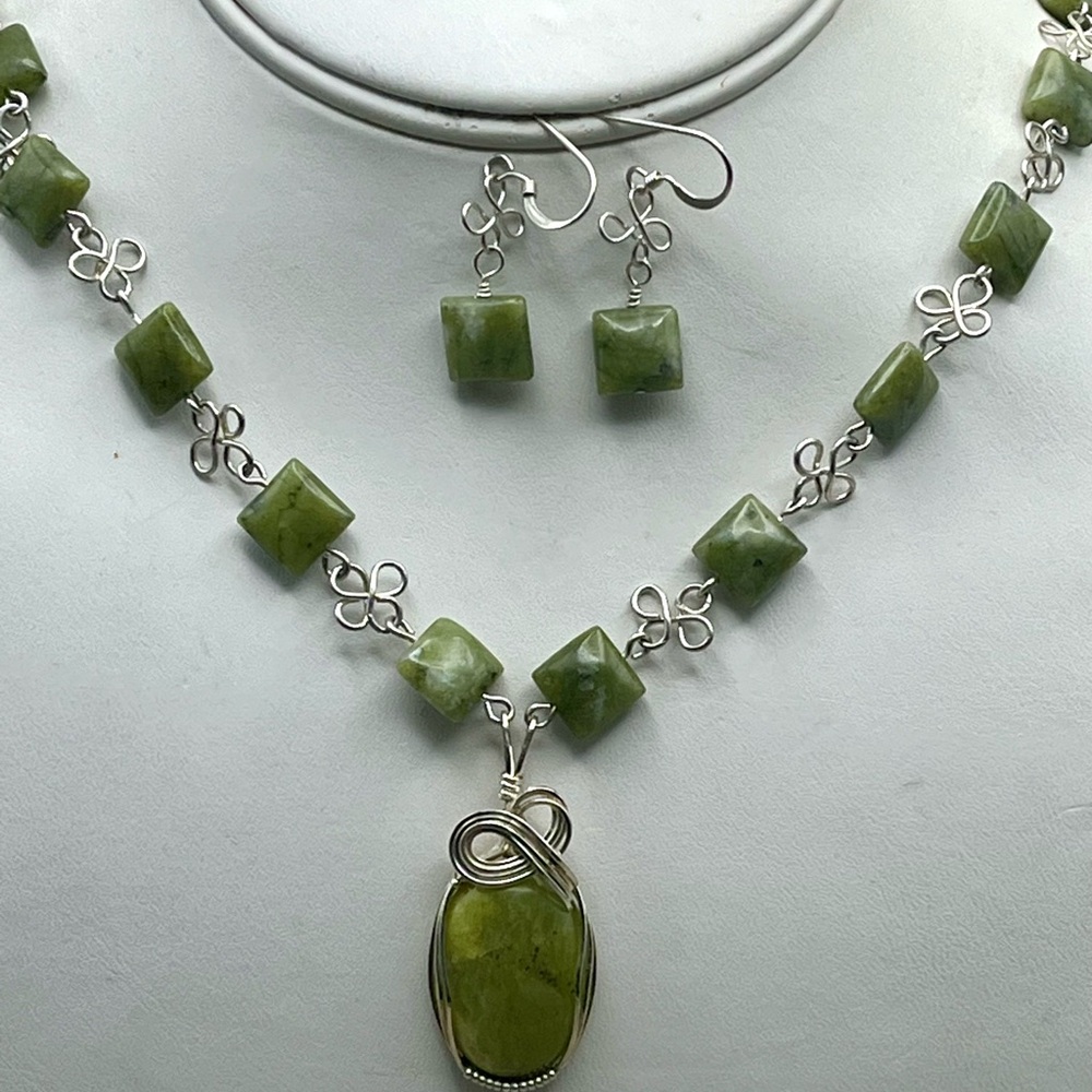Handmade Sterling Silver Wire Wrap Green Jade Necklace & Earrings Set
